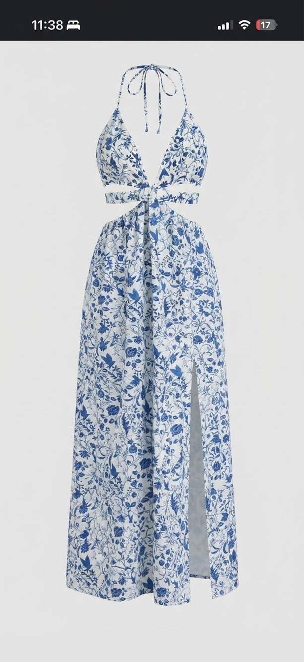 Makemechic Allover Floral Print Backless Knot Halter Slit Thigh Dress Maxi XS